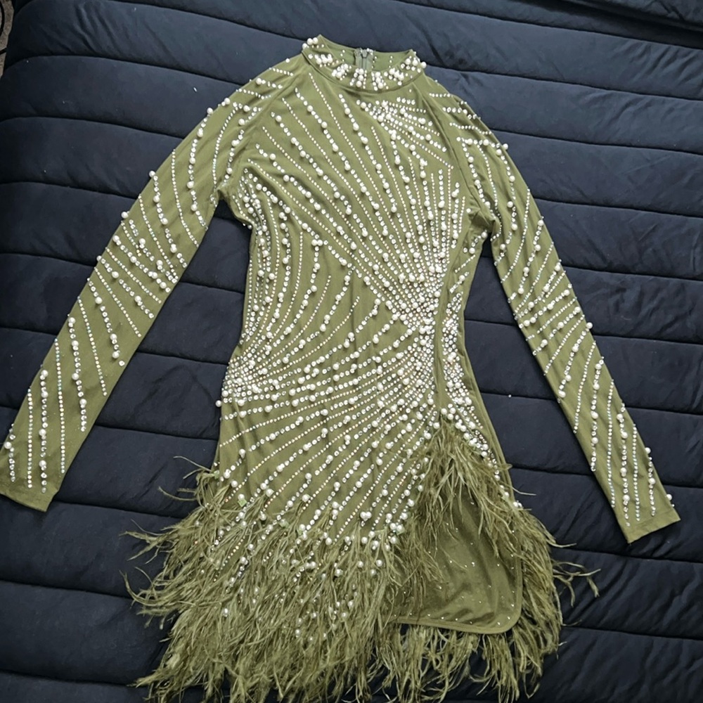 Olive Green Glammed Mini Dress